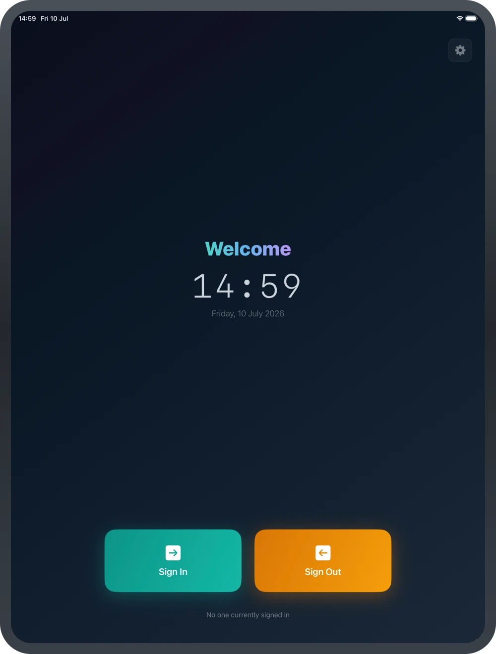 The Sign In Kiosk Pro welcome screen running on an iPad